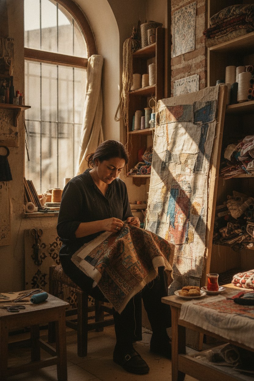 Kurucu Selma Korkmaz atölyede bir panoyu dikerken